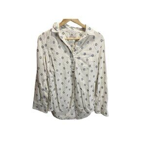 Merona Women's Henley Blouse White Black Dot V Neck S‎ Cotton Casual